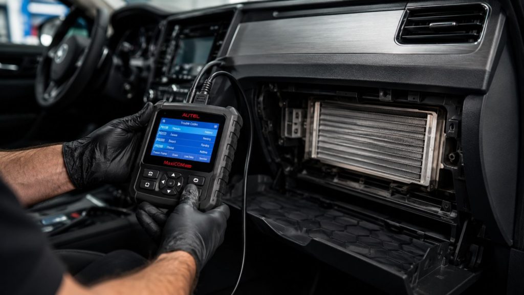 An automotive technician using a digital diagnostic scan tool to calibrate and activate the afterblow drying cycle on a vehicle's HVAC system at Prestige Auto Works.